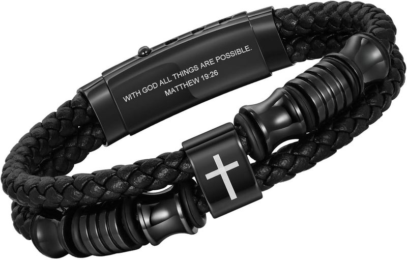 TempBeau Store Christian Black Leather Bracelet for Men - Double-Row Braided Leather Faith Cross Bracelets for Men Jewelry Gift Religious Baptism Easter Gifts for Young Men Teenage,Adjustable Wristband - Image 1